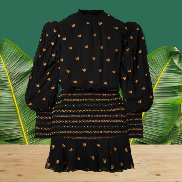 Farm Rio | Long Sleeve Crepe Smocked Mini Dress | Embroidery & Beads | XL - Picture 1 of 8